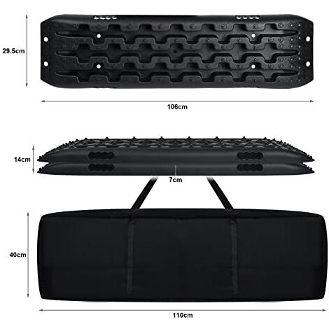 Sandbleche Offroad 2x Traktionsmatte Kunstoff Anfahrhilfe Recovery Board Tracks mit Aufbewahrungstasche Traktionsband Max. 10T Last Schwarz NAIZY