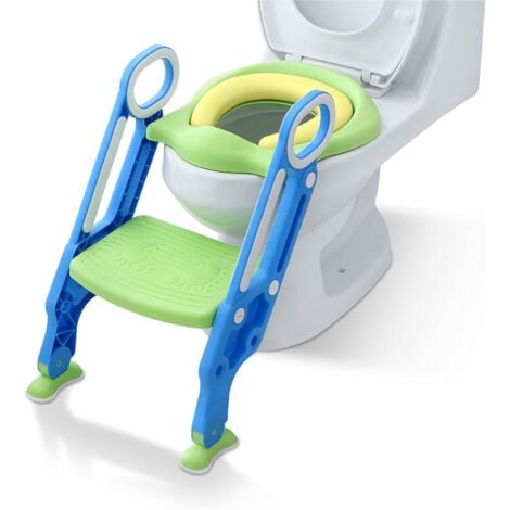 Toilettensitz Kinder mit Treppe Faltbar Töpfchentrainer Höhenverstellbar WC  Trainer mit PU Gepolstert Kissen und Griffen Töpfchen - Blau und Grün NAIZY