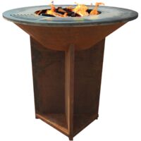 Purline – Barbecue brasero en acier corten 100 cm – Plaque circulaire 1 cm – Base croisée avec rangement bois – Émissions CO2 minimales