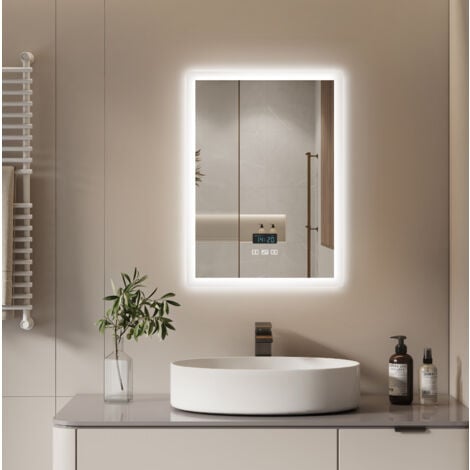 S'AFIELINA Bluetooth Bathroom LED Mirror Light with Clock Anti Fog Wall  Mounted Mirror, Adjust Three Color, Vertical 500x700mm