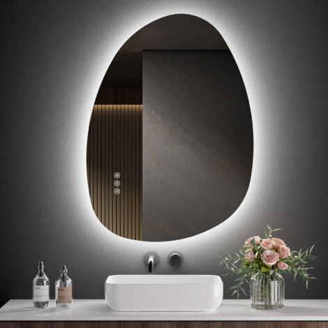 S'AFIELINA Bathroom Mirror with LED Lights, 75 x 55 cm Asymmetrical with Smart Touch Switch, 3 Colors Dimmable Light, Anti-Fog, Memory Function