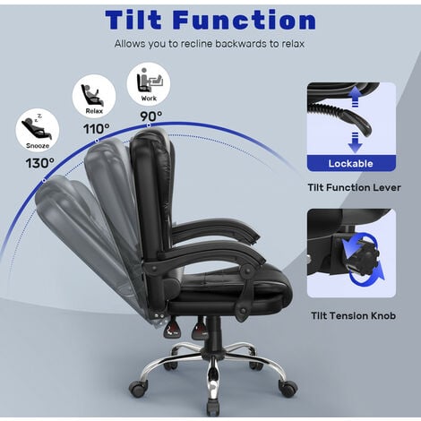 Sedia da Ufficio Ergonomica - BIGZZIA Poltrona Direzionale con Sedile Largo - Sedia Ufficio Reclinabile con Braccioli Imbottiti et Altezza Regolabile - Rotelle Silenziose - Nero
