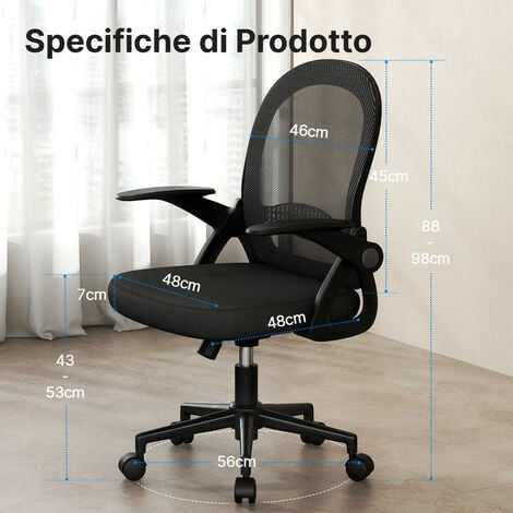 Sedia Ufficio - BIGZZIA Sedia Scrivania con Supporto Lombare - Poltrona Ufficio in Rete Traspirante - Sedia da Ufficio Ergonomica Braccioli e Altezza Regolabili - Nero