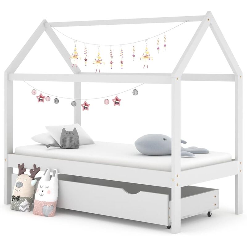 Giroletto Bambini con Cassetto，Letto per bambini，Letti singoli Bianco Pino  Massello 80x160 cm DGVS7788306 MaisonChic