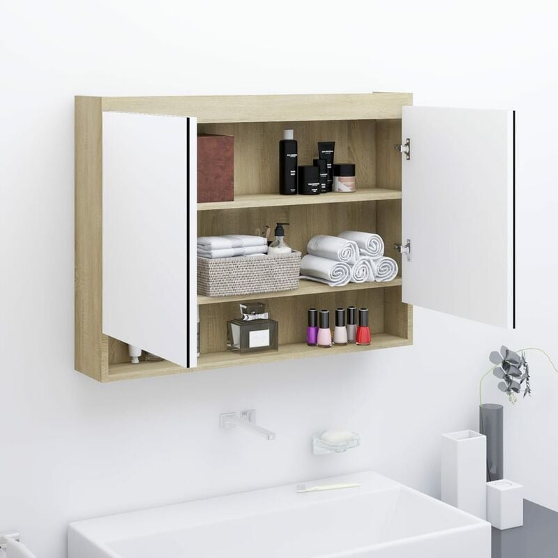 Armadietto a Specchio Bagno Armadietto Mobile con Specchio 80x15x60cm in  MDF Bianco e Rovere -54238