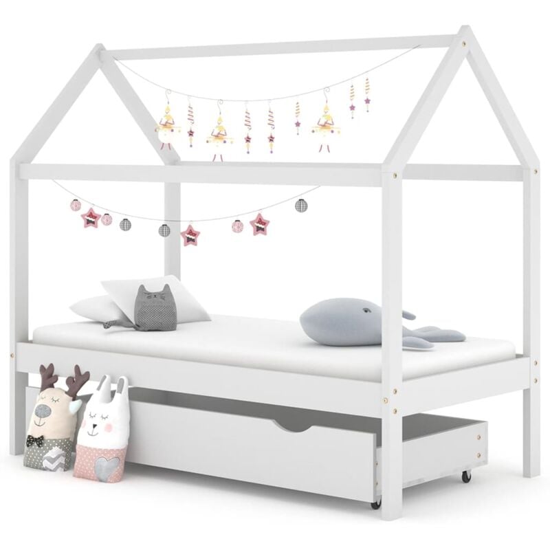 Letto per Cameretta a Forma di Casetta Semiaperta con Finestra e Tettuccio  Letto per Bambini con Materasso 90x200 cm Legno di Pino Bianco [en.casa]