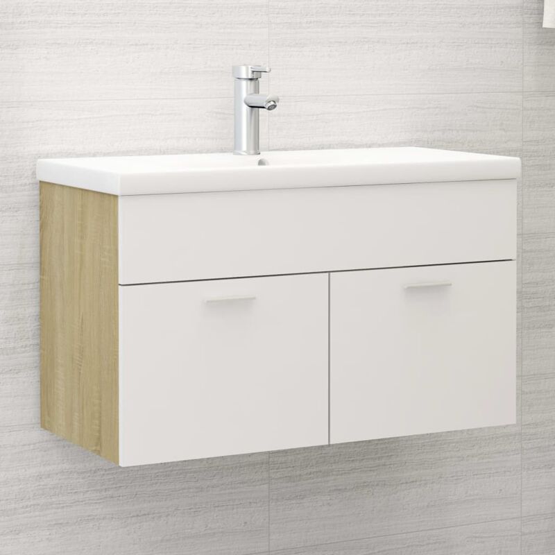 Mobile bagno con lavabo, Armadietto bagno con lavabo, Set di mobili da bagno Bianco e Rovere Sonoma in Truciolato HWQ76480 Maisonchic