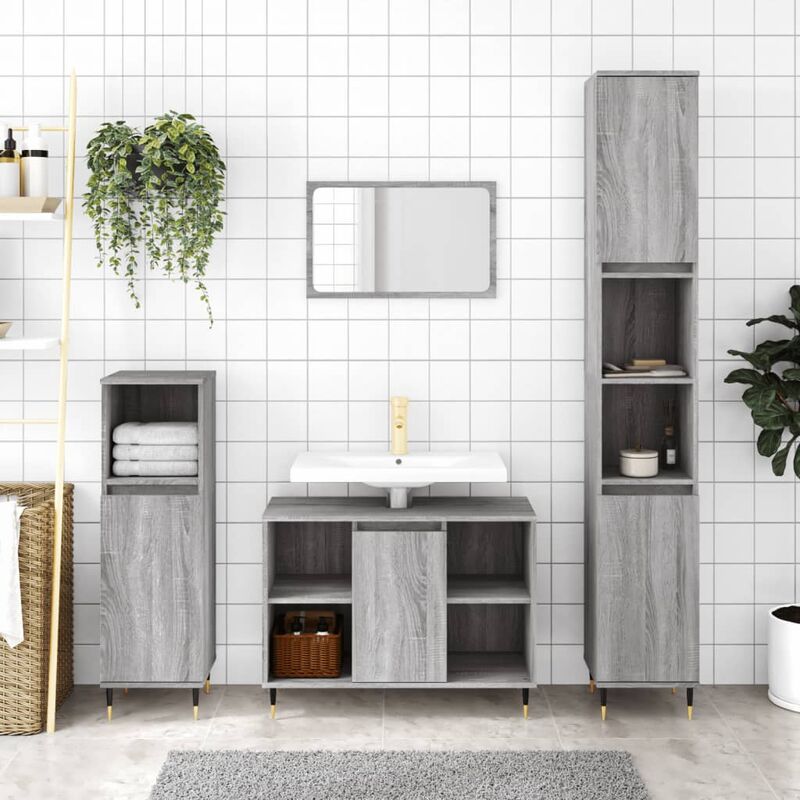 3 pz Set Mobili da Bagno，Armadietto da bagno，Mobiletto Bagno Grigio Sonoma  in Legno Multistrato CNWI180106 MaisonChic