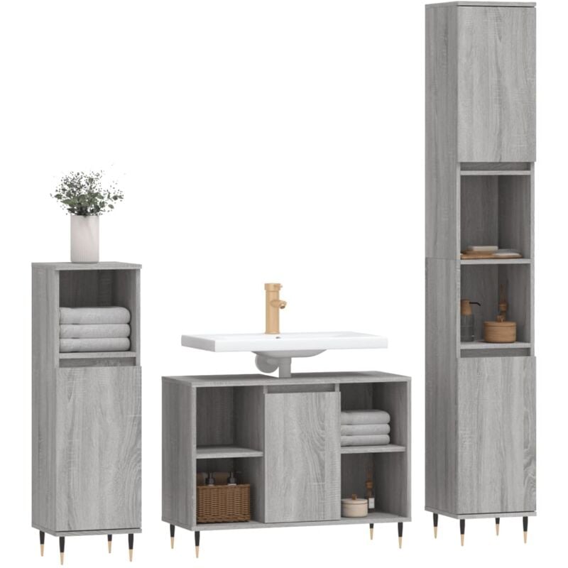 3 pz Set Mobili da Bagno，Armadietto da bagno，Mobiletto Bagno Grigio Sonoma  in Legno Multistrato CNWI180106 MaisonChic