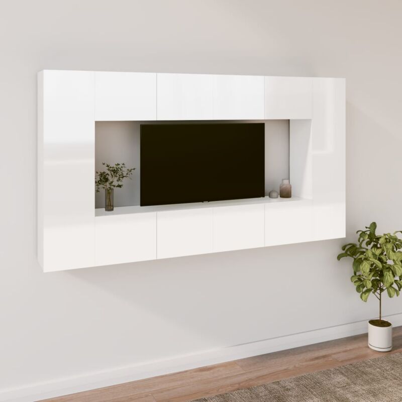 Camerina Set Mobili Porta TV 8pz Bianco Lucido in Legno Multistrato,Set  Mobili Porta TV,Parete Attrezzata Soggiorno,Set Mobili TV Soggiorno