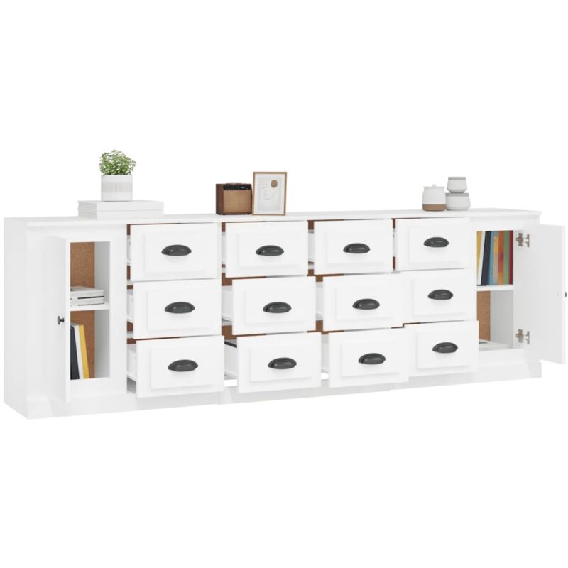 3 pz Credenze，Madia per salotto，Buffet da cucina Moderna Bianco Lucido in  Legno Multistrato XZZ124372