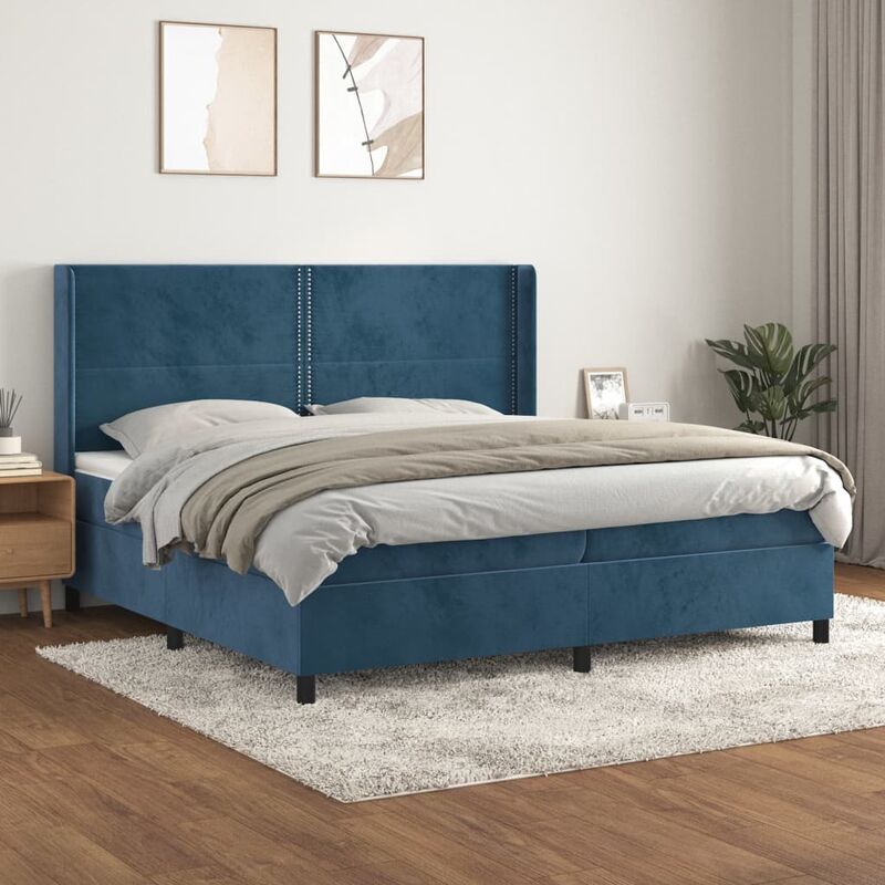 Letto matrimoniale Moderno Letto a Molle con Materasso Giroletto Blu Scuro  200x200 cm in Velluto ITD51528