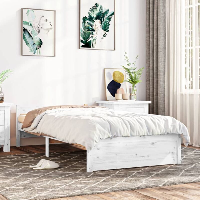 Letto Singolo Moderno Struttura Letto Giroletto Bianco in Legno Massello 100x200  cm ITD51505