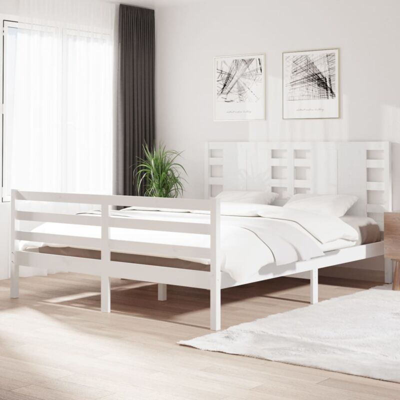 Letto matrimoniale Moderno Struttura Letto Giroletto Bianco 160x200 cm in  Legno Massello di Pino ITD22158