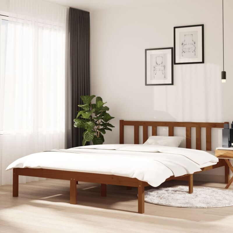 Letto Matrimoniale Moderno Struttura Letto Giroletto Marrone Miele in Legno  Massello 140x190 cm ITD67617