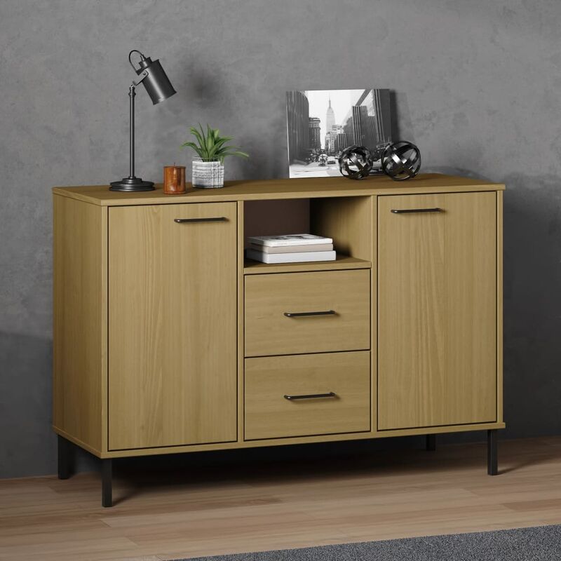 Credenza Madia Moderna Buffet da cucina Gambe Metallo Marrone 113x40x77 cm  Legno Massello OSLO ITD10160