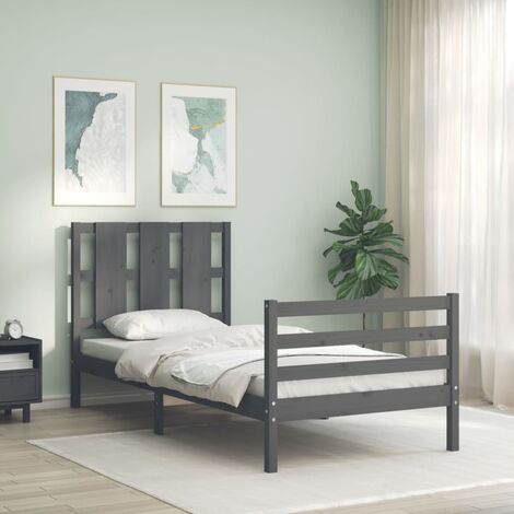 Letto adulto，Giroletto con Testiera，Letto singolo，Letto con testiera Grigio  90x200 cm in Legno Massello DGVS8678205 MaisonChic