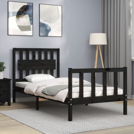 Letto adulto，Giroletto con Testiera，Letto singolo，Letto con testiera Nero  3FT Single in Legno Massello