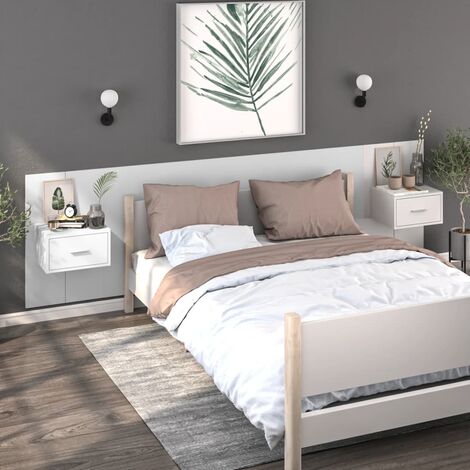 Set 2 Comodini da Camera da Letto,Tavolini da Letto Moderni da Parete Bianco  Lucido in Legno Multistrato -BN11039