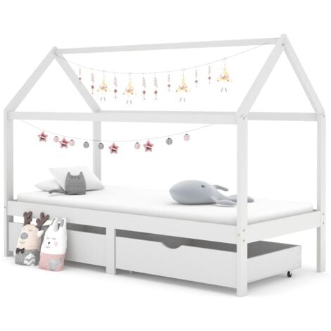 Struttura Letto singolo per Bambini,Telaio con Cassetti,Giroletto Bambini  Bianco Pino Massello 90x200 cm QSW72074