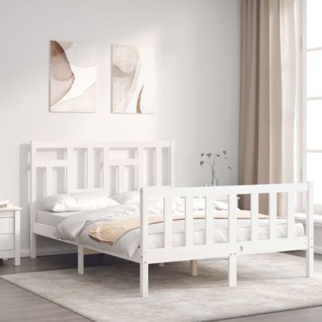 Struttura Letto per adulti,Telaio del letto,Giroletto con Testiera Bianco 140x190  cm in Legno Massello