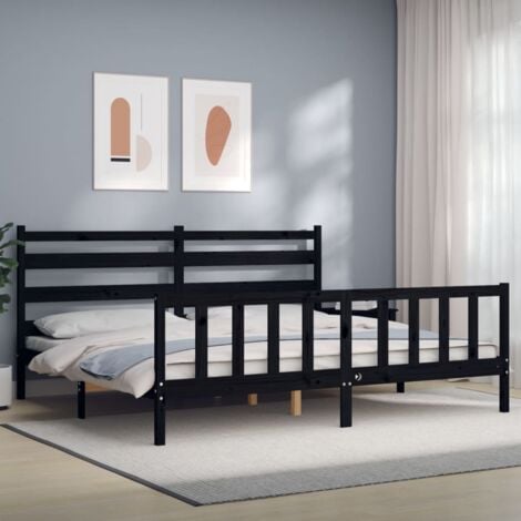 Struttura Letto per adulti,Telaio del letto,Giroletto con Testiera Nero  180x200 cm in Legno Massello