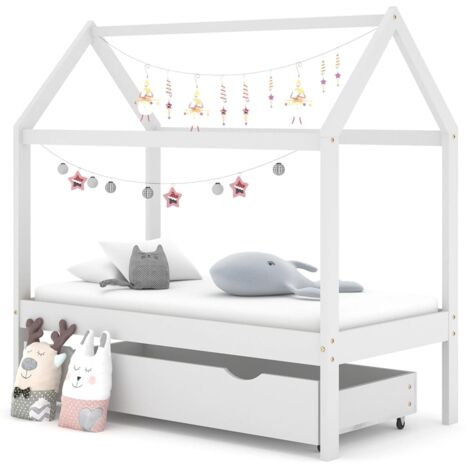 Struttura Letto singolo per Bambini,Telaio del letto,Giroletto Bambini  Cassetto Bianco in Pino Massello 70x140cm