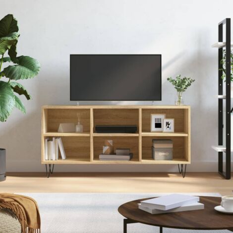 Mobile Porta TV In Legno Multistrato | Rovere Sonoma 102x35x36,5 Cm | Design Scandinavo Con 2 Ante E 2 Ripiani Aperti