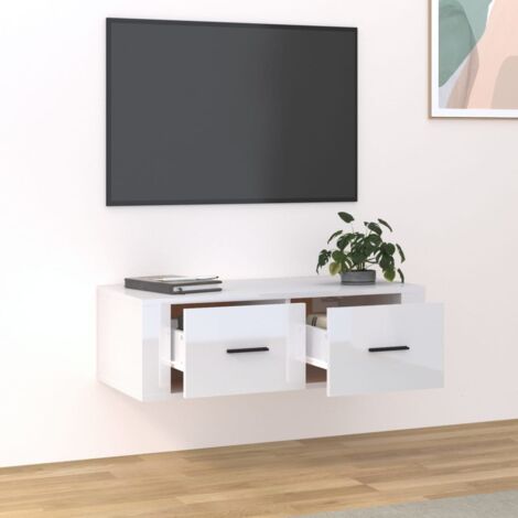 Mobile TV，Mobile Porta TV Salotto，Tavolino TV Pensile Bianco Lucido  80x36x25cm in Legno Multistrato MCWN891783