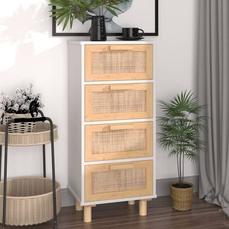 Credenza，Madia per salotto，Buffet da cucina Moderna Bianca 40x30x90cm Legno  Massello Pino Rattan Naturale MCI497749