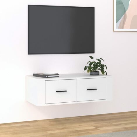 Mobile Porta TV Bianco Legno Sospeso Parete Luci LED 2 Ante