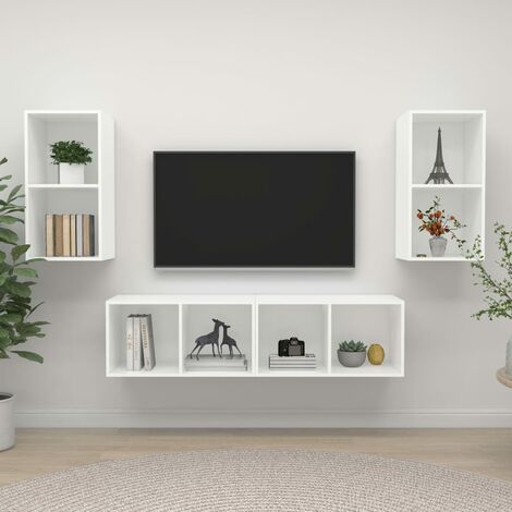 Pensile Da Bagno Vetnasa Bianco 100x25x30 Cm In Truciolato - Armadietto A Muro Con Ante A Molla A Gas, Portaoggetti Pratico