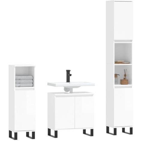 3 pz Set Mobili da Bagno，Armadietto da bagno，Mobiletto Bagno Bianco Lucido  in Legno Multistrato