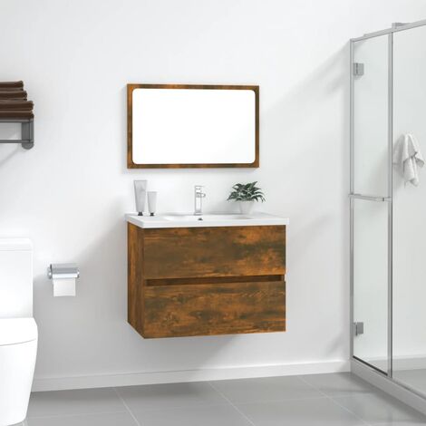 2 pz Set Mobili da Bagno，Armadietto da bagno，Mobiletto Bagno Rovere Fumo in  Legno Multistrato