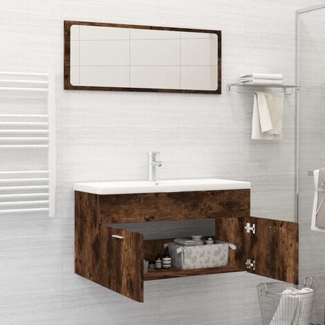 3 pz Set Mobili da Bagno，Armadietto da bagno，Mobiletto Bagno Rovere Fumo in  Legno Multistrato