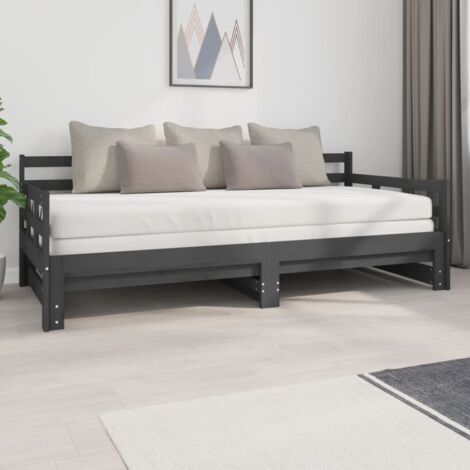 Divano Letto Estraibile In Legno Massello Di Pino | Dormeuse 2 Posti Con Letto 90x200 Cm | Grigio, Struttura Robusta Con Sponda Laterale