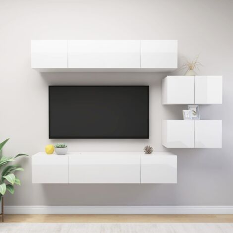 Set Mobile Porta TV 6 pz Mobile da soggiorno Bianco Lucido in Truciolato  ITD63899