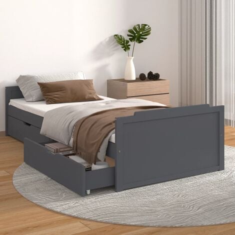 Letto Singolo Moderno Struttura Letto Giroletto Cassetti Grigio Scuro Legno  Massello di Pino 90x200cm ITD23907