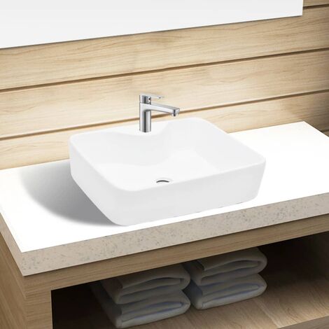 Lavabo Lavandino da appoggio Design Moderno Bagno in Ceramica Bianca  Quadrato con Foro per Rubinetto ITD99170