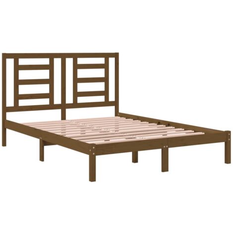 Letto Matrimoniale Moderno Struttura Letto Giroletto Miele in Legno  Massello Pino 150x200 cm 5FT King Size