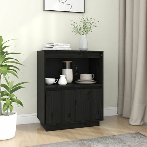 Credenza Madia Moderna Buffet da cucina Nera 60x34x75 cm in Legno Massello di  Pino ITD90572