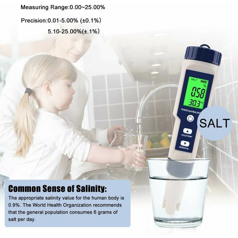 Tester elettronico PH, 5 in 1 PH Tester Termometro tascabile Qualità dell' acqua PH EC Salt TDS per casa, piscina, acqua dell'acquario