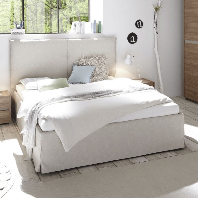 Letto contenitore a una piazza e mezza Veronica, Made in Italy, Testata e  rivestimento in tessuto, Apertura frontale, adatto per materasso cm 120x200,  Bianco