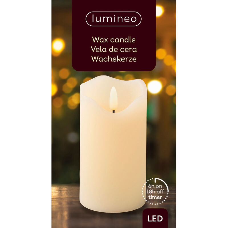 Candela Ø 10 x h 15 cm cera bianca con vetro, moving flame, led bianco caldo