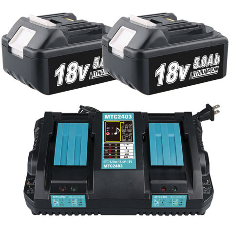 2er-Pack BL1850 BL1850B 18 V 5 Ah Akku mit DC18RD Dual-Schnellladegerät, kompatibel mit Makita BL1830 BL1840 BL1850 BL1860 und Makita DMR1001 DMR101 DMR102 DMR103B DMR104 Radios