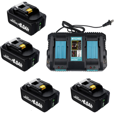 4 x 18 V 8 Ah Lithium-Akku mit langer Lebensdauer und Schnellladegerät für Makita 18 V Werkzeuge und Akkus, 18 V DC18RD Dual-Port-Ladegerät, kompatibel mit Makita BL1860B BL1850B BL1840B BL1830B DC18R (1/5)