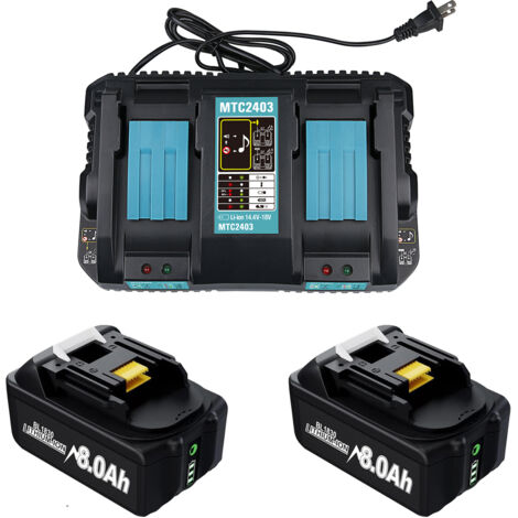 2×18 V 8,0 Ah Ersatzakkus für Makita und 1× DC18RD Schnell-Doppelladegerät, kompatibel mit 18 V Akkus BL1815 BL1830 BL1840 BL1850 BL1860, für Werkzeuge ohne LXT Lion. Makita Akku-Ladegerät (1/5)