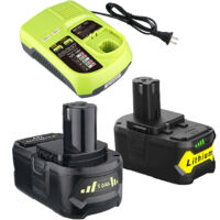 2 × 5,0 Ah Ersatzakkus für Ryobi 18 V mit P117B Ladegerät. Kompatibel mit Ryobi 18V-Akkus P102, P103, P104, P105, P107, P108, P109. Akku- und Ladegerät-Set mit USB-Anschluss.