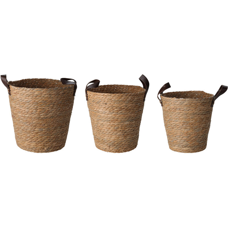 Set di 3 cestini in seagrass con manici - 30, 26, 24 cm - Set di cestini in  robuste fibre naturali - Cestino con manici in similpelle Cestino multiuso  Cestino decorativo