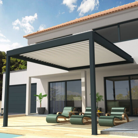 Pergola Bioclimatique COCOON Mixte Gris anthracite / Blanc 4,00x3,038m (Vérin à télécommande + Kit LED 3 cotés) (1/5)